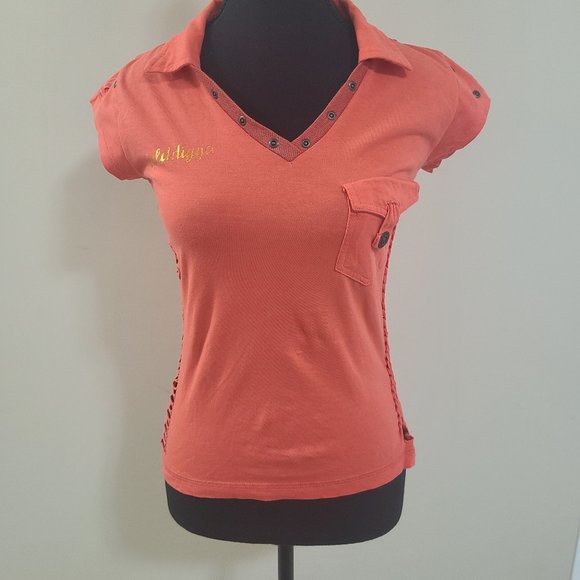 Sexy GOLDDIGGA Y2K Burnt Orange and Copper/Gold Short Sleeved Polo Shirt - Picture 1 of 9